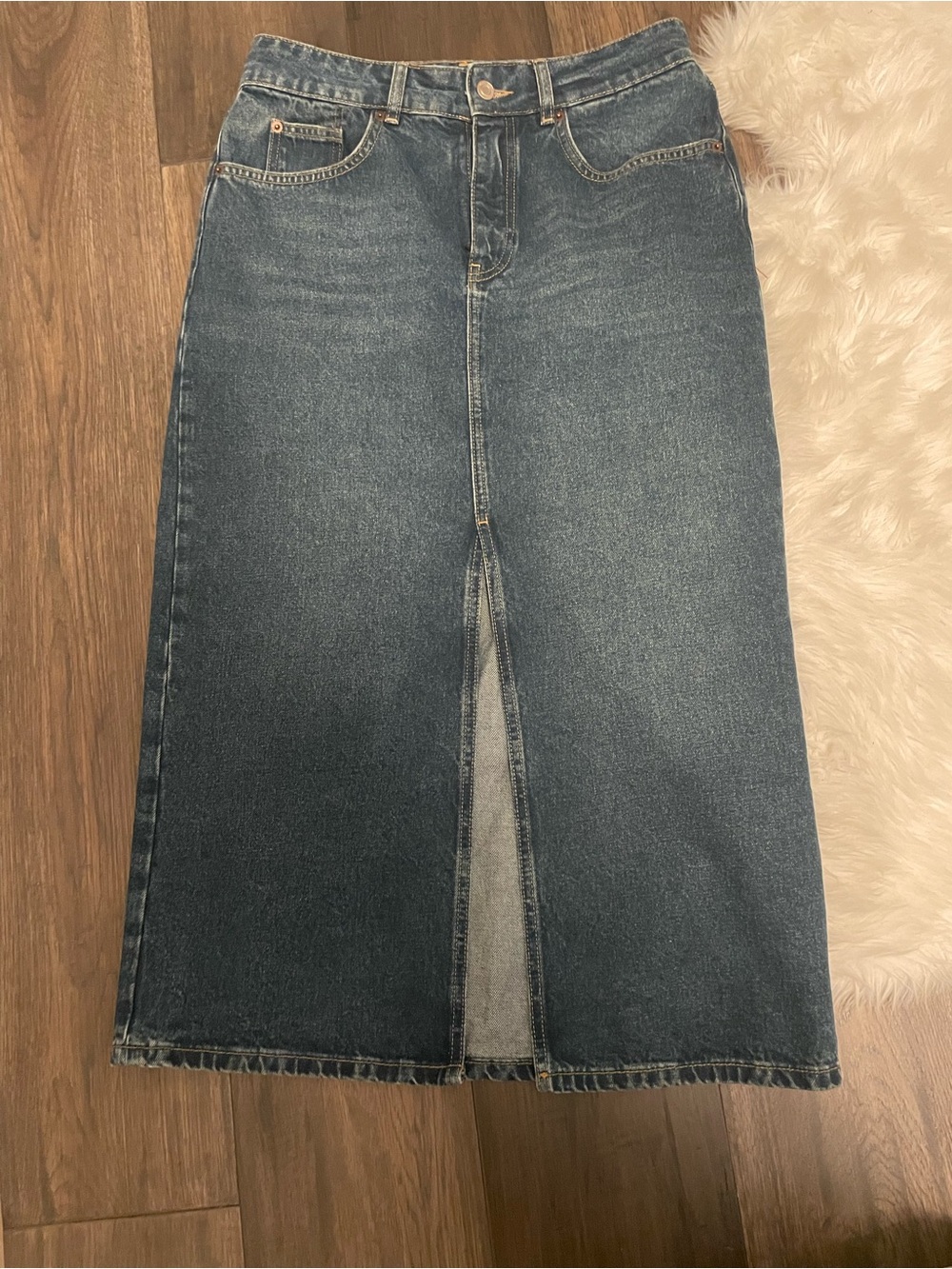 Massimo Dutti | Modern Dark Blue Denim Midi Skirt with Front Slit | Size 6